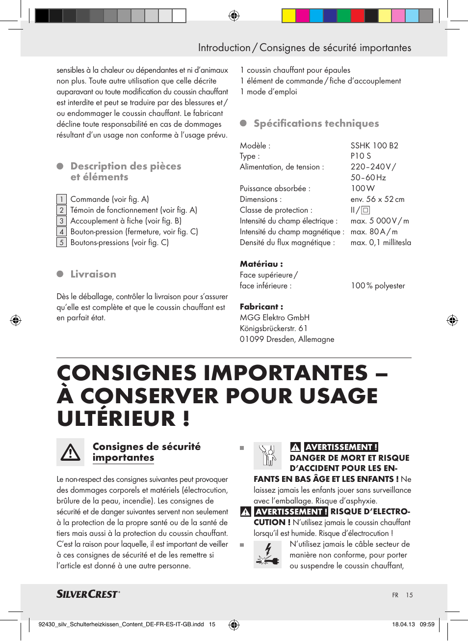 Introduction / consignes de sécurité importantes | Silvercrest SSHK 100 B2 User Manual | Page 15 / 45