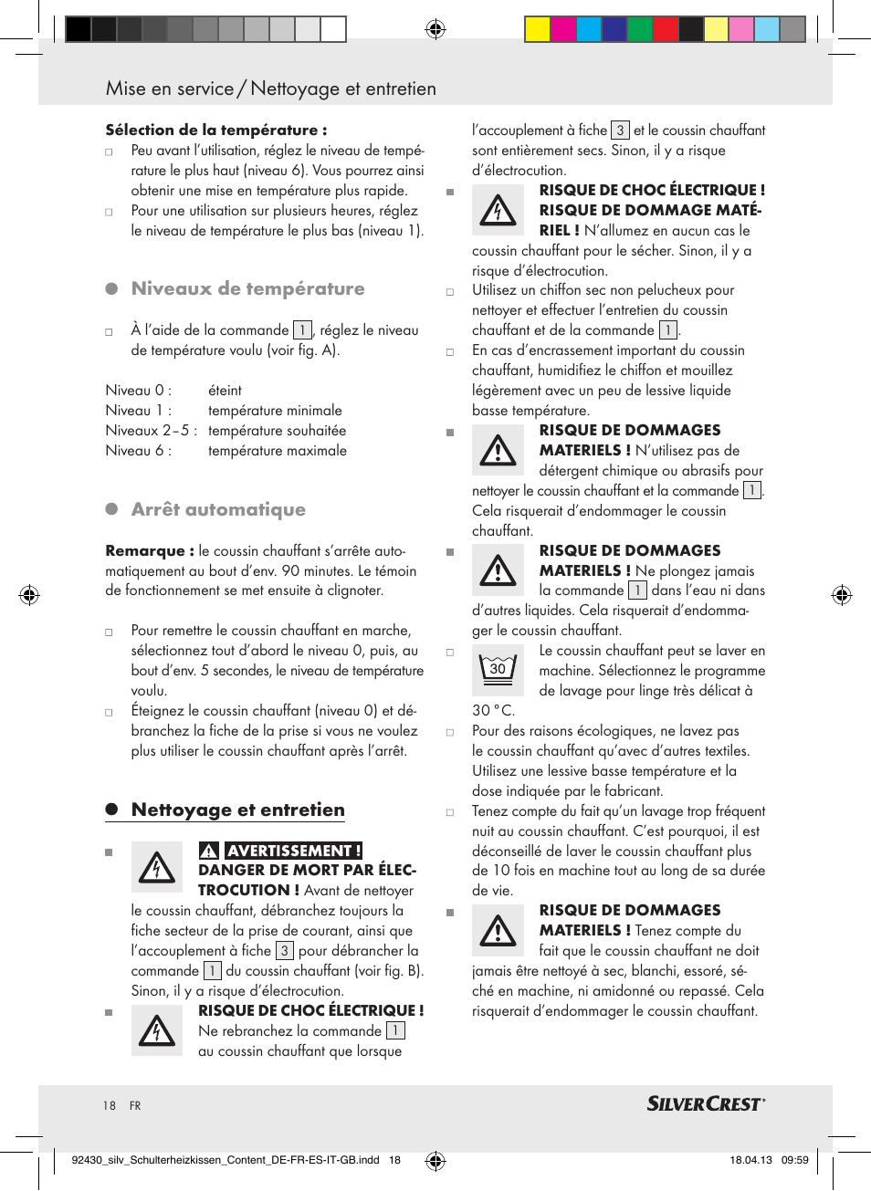 Mise en service / nettoyage et entretien, Niveaux de température, Arrêt automatique | Nettoyage et entretien | Silvercrest SSHK 100 B2 User Manual | Page 18 / 45