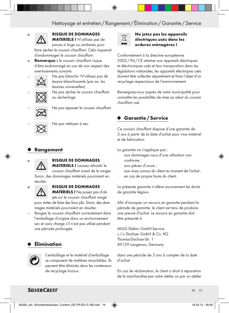 Rangement, Élimination, Garantie / service | Silvercrest SSHK 100 B2 User Manual | Page 19 / 45