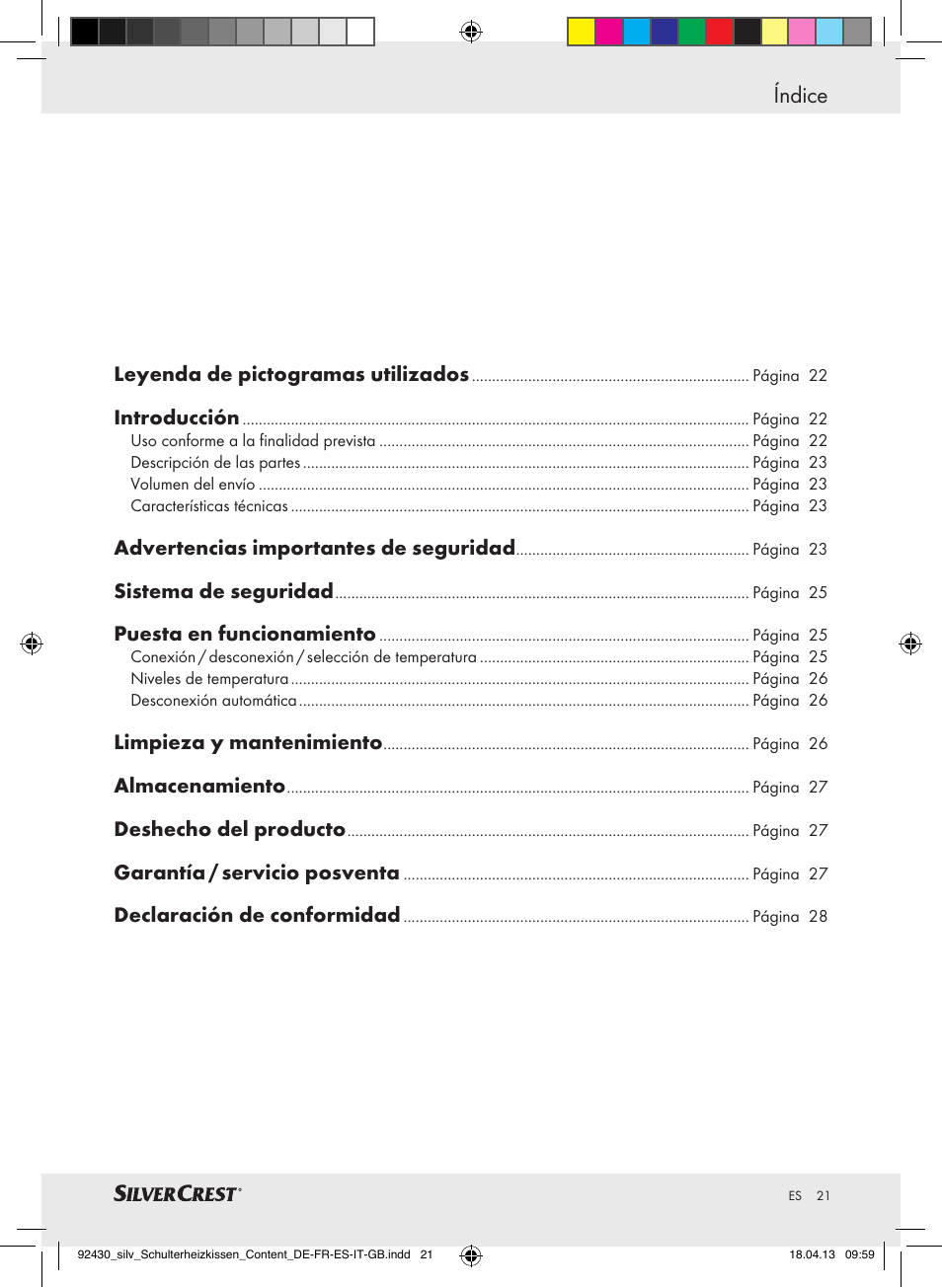 Índice, Leyenda de pictogramas utilizados, Introducción | Advertencias importantes de seguridad, Sistema de seguridad, Puesta en funcionamiento, Limpieza y mantenimiento, Almacenamiento, Deshecho del producto, Garantía / servicio posventa | Silvercrest SSHK 100 B2 User Manual | Page 21 / 45