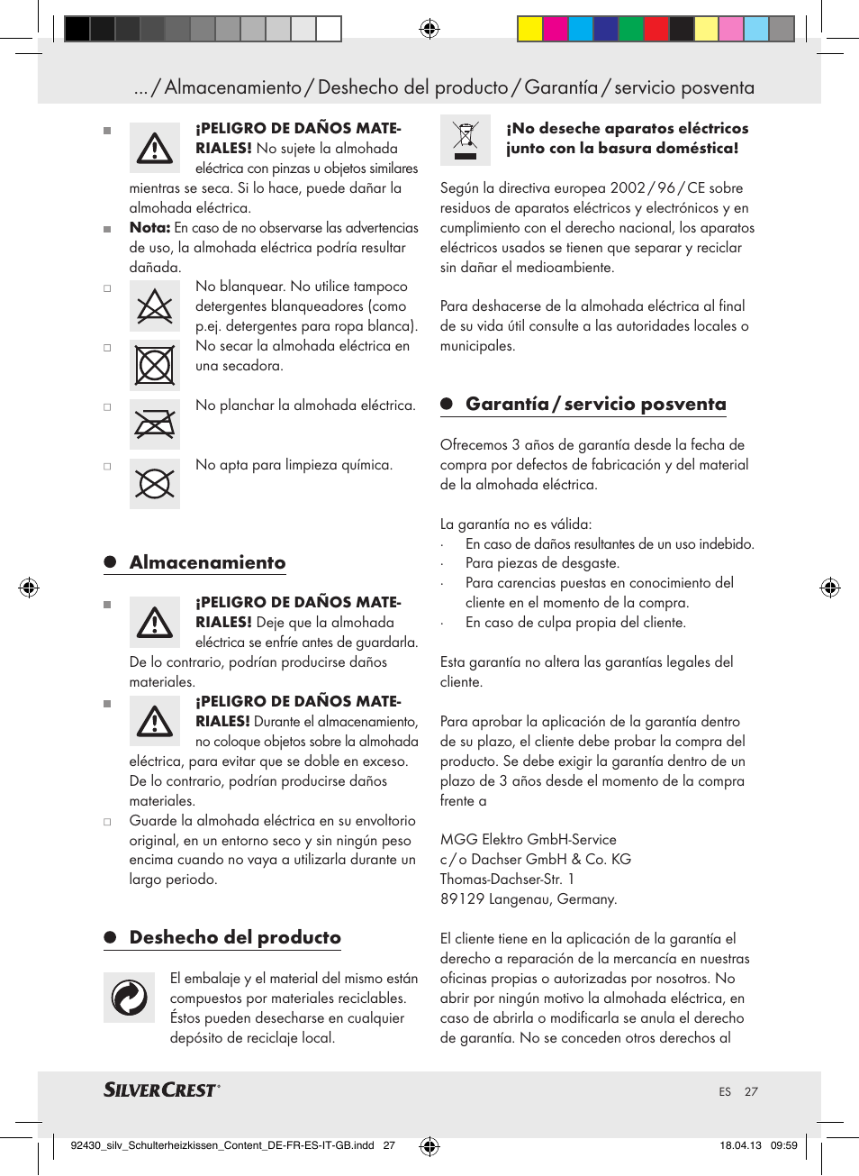 Almacenamiento, Deshecho del producto, Garantía / servicio posventa | Silvercrest SSHK 100 B2 User Manual | Page 27 / 45