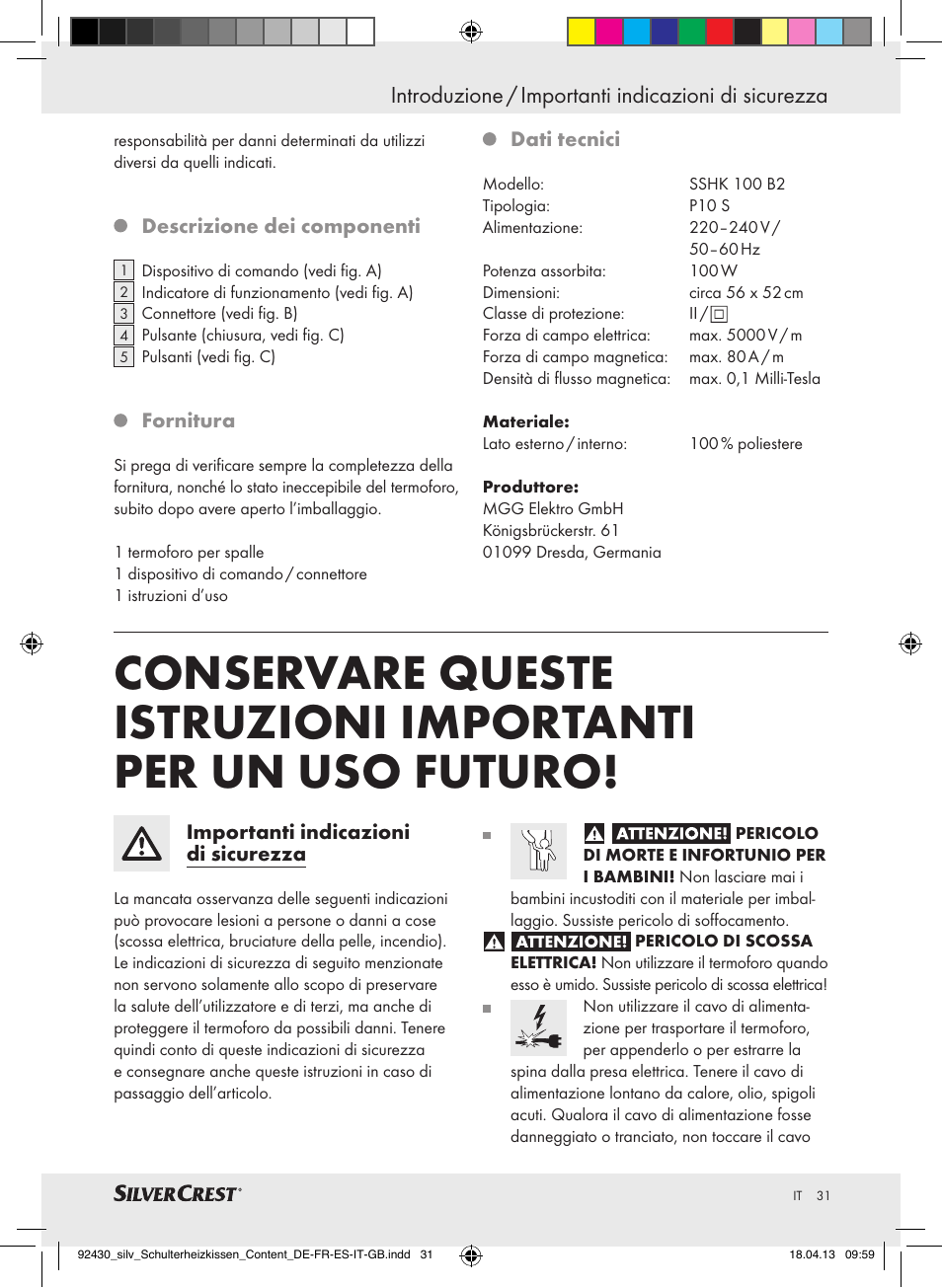 Introduzione / importanti indicazioni di sicurezza | Silvercrest SSHK 100 B2 User Manual | Page 31 / 45