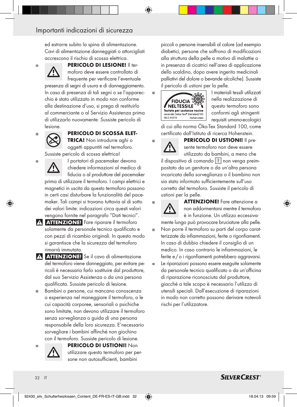 Importanti indicazioni di sicurezza | Silvercrest SSHK 100 B2 User Manual | Page 32 / 45