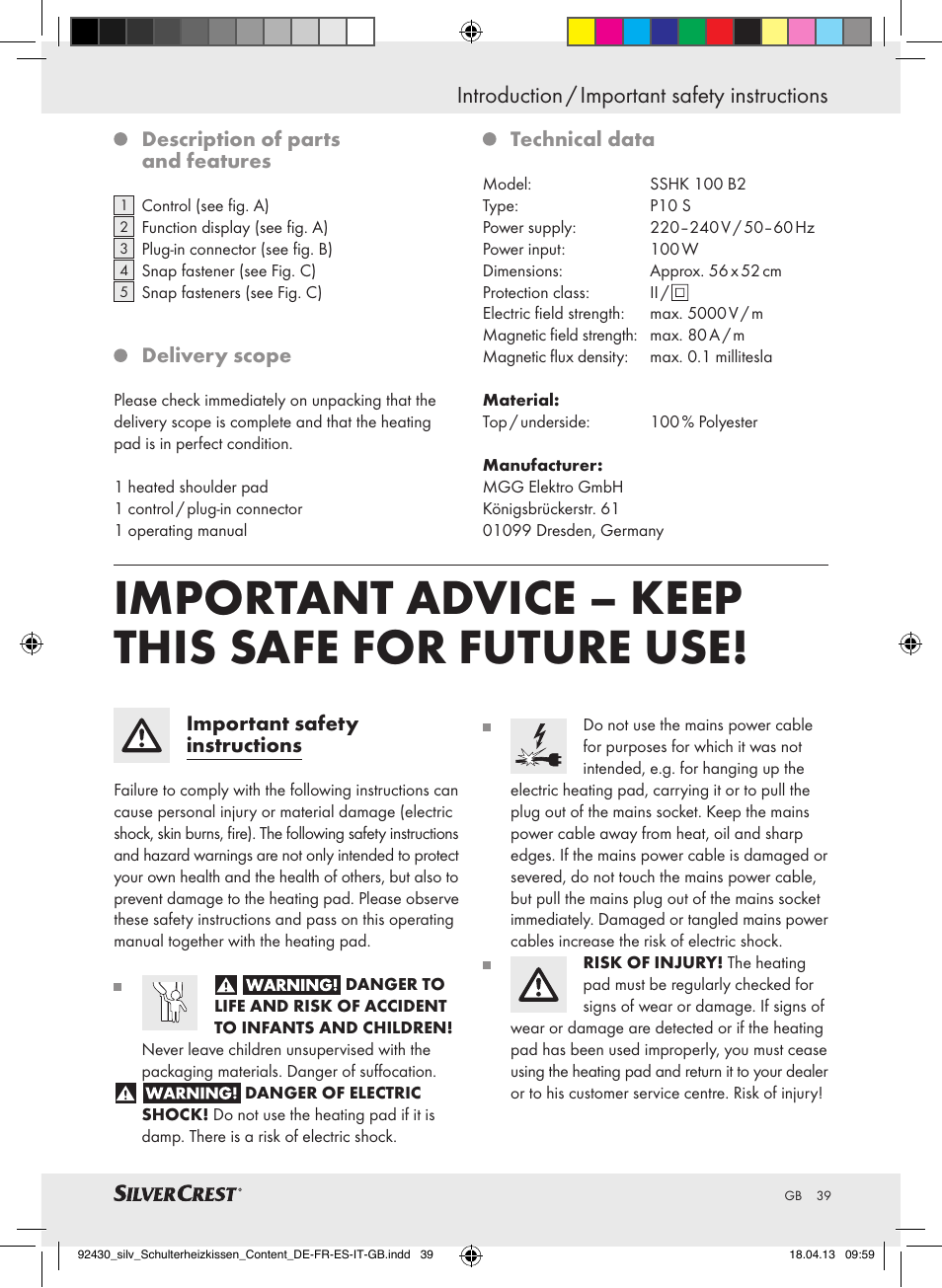 Important advice – keep this safe for future use, Introduction / important safety instructions, Description of parts and features | Delivery scope, Technical data, Important safety instructions | Silvercrest SSHK 100 B2 User Manual | Page 39 / 45