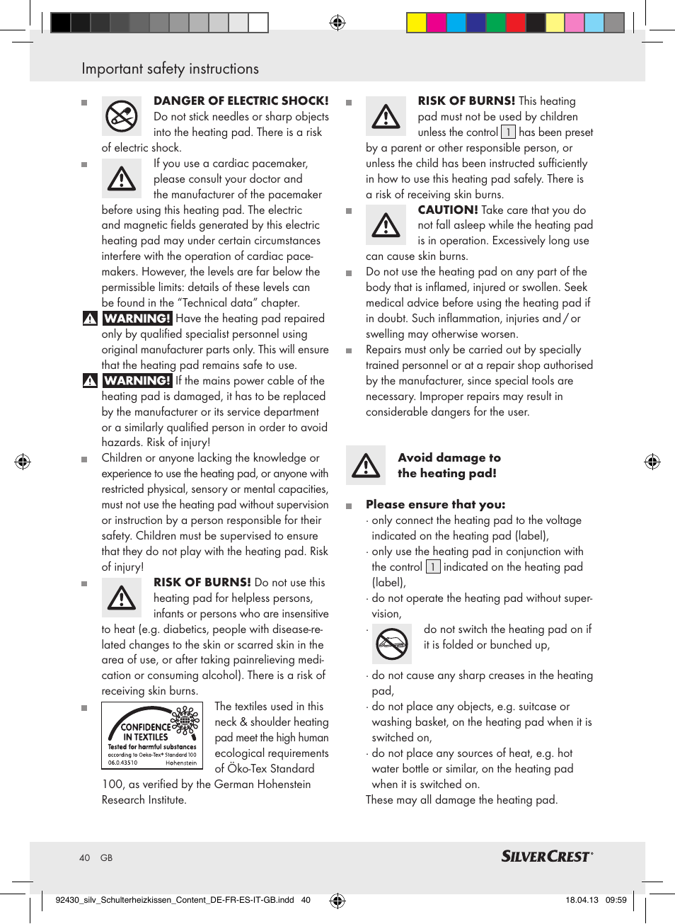 Important safety instructions | Silvercrest SSHK 100 B2 User Manual | Page 40 / 45