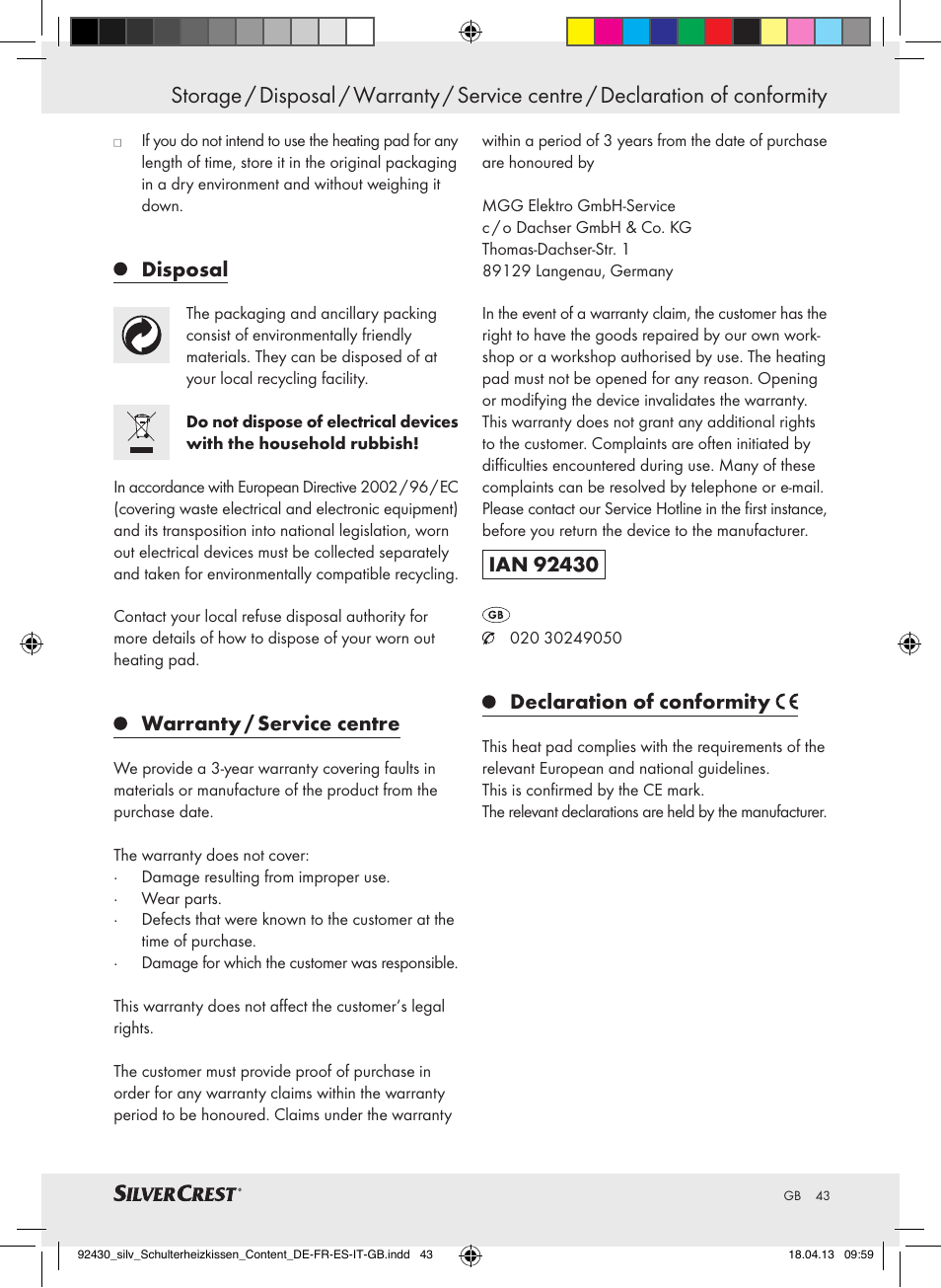 Disposal, Warranty / service centre, Declaration of conformity | Silvercrest SSHK 100 B2 User Manual | Page 43 / 45