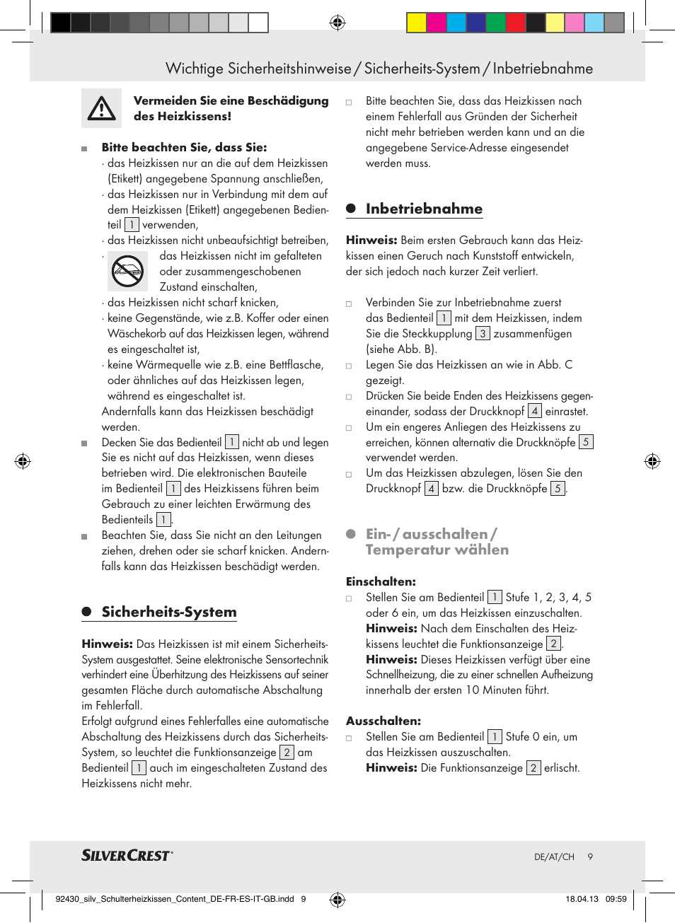Sicherheits-system, Inbetriebnahme, Ein- / ausschalten / temperatur wählen | Silvercrest SSHK 100 B2 User Manual | Page 9 / 45