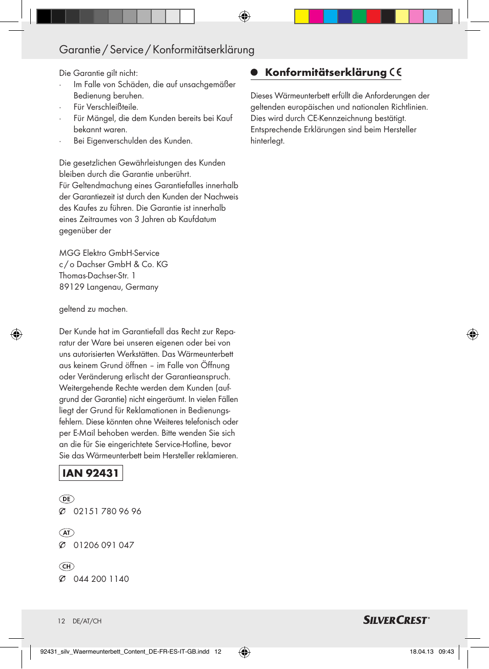 Garantie / service / konformitätserklärung, Konformitätserklärung | Silvercrest SWUB 85 B2 User Manual | Page 12 / 45