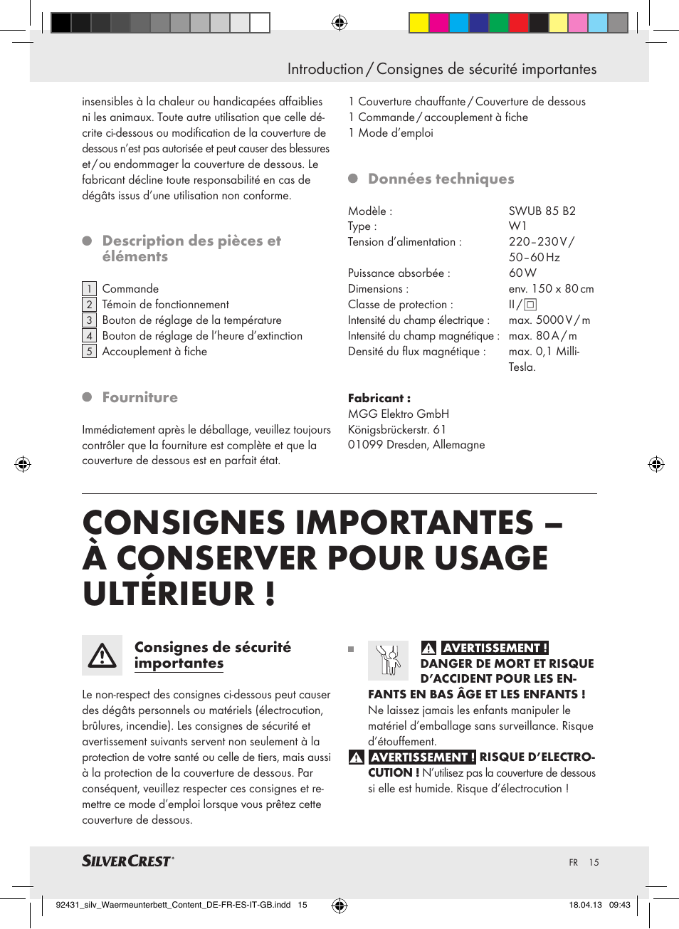 Introduction / consignes de sécurité importantes | Silvercrest SWUB 85 B2 User Manual | Page 15 / 45