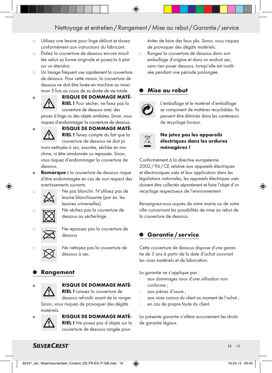 Rangement, Mise au rebut, Garantie / service | Silvercrest SWUB 85 B2 User Manual | Page 19 / 45