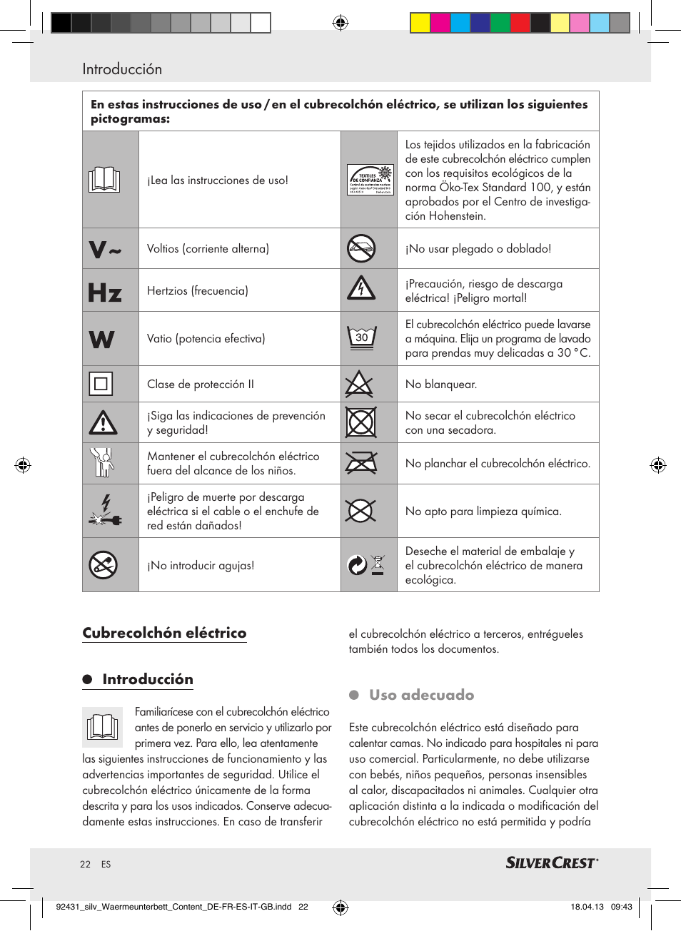 Introducción, Cubrecolchón eléctrico introducción, Uso adecuado | Silvercrest SWUB 85 B2 User Manual | Page 22 / 45