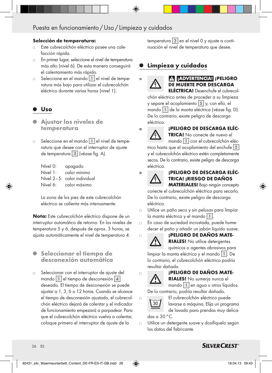 Uso ajustar los niveles de temperatura, Seleccionar el tiempo de desconexión automática, Limpieza y cuidados | Silvercrest SWUB 85 B2 User Manual | Page 26 / 45