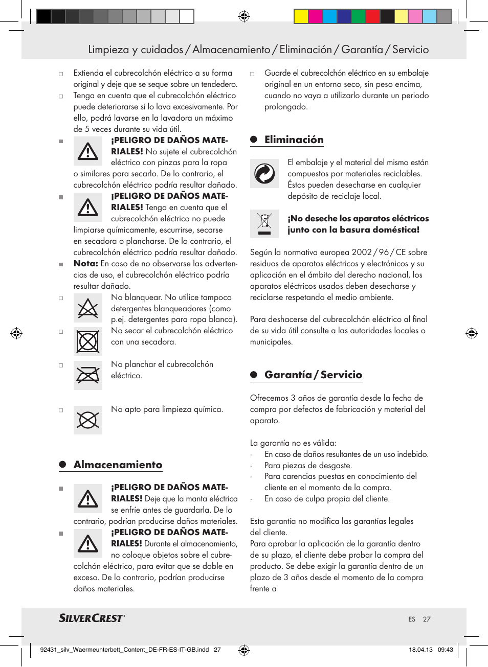 Almacenamiento, Eliminación, Garantía / servicio | Silvercrest SWUB 85 B2 User Manual | Page 27 / 45