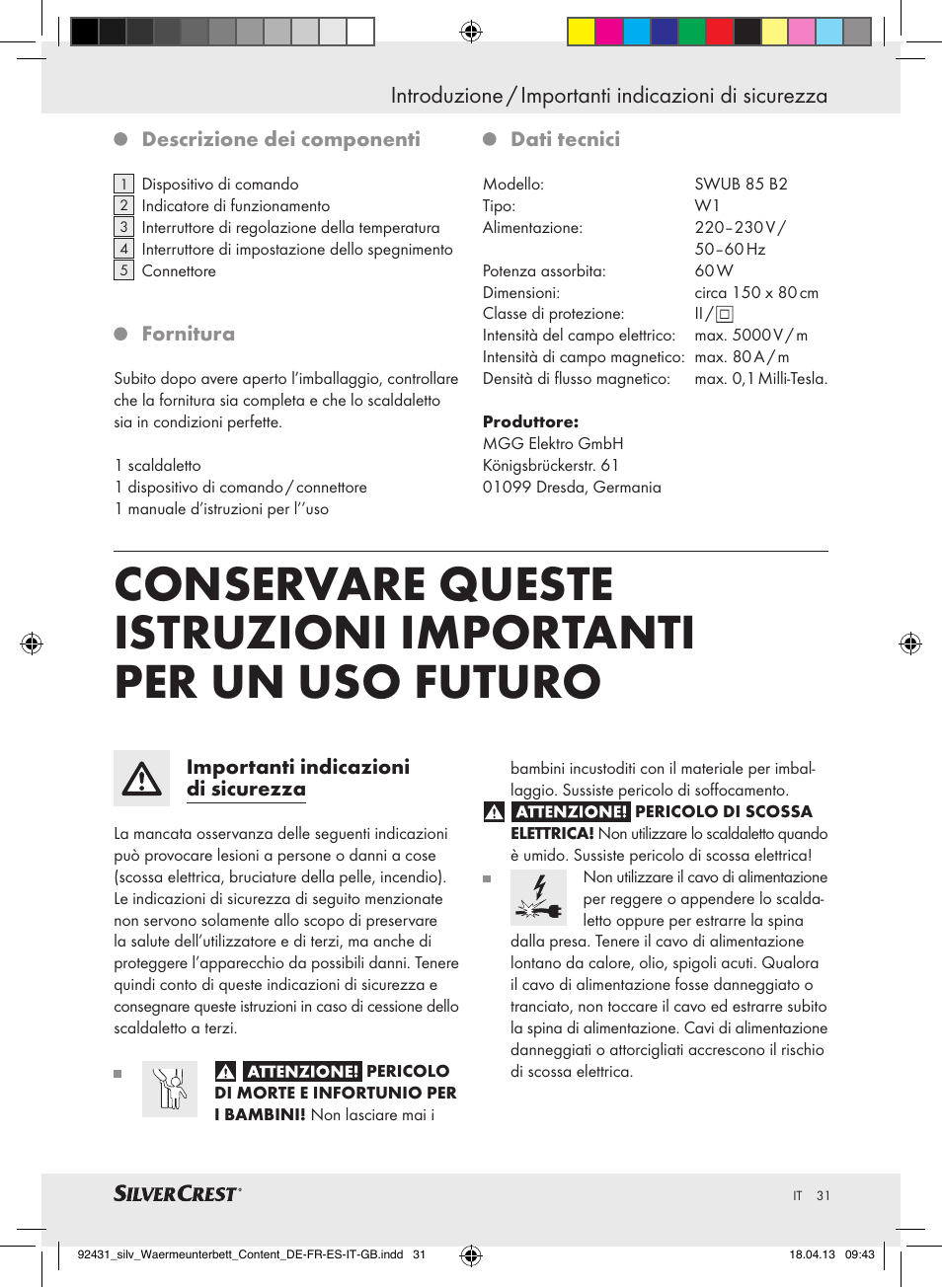 Introduzione / importanti indicazioni di sicurezza | Silvercrest SWUB 85 B2 User Manual | Page 31 / 45