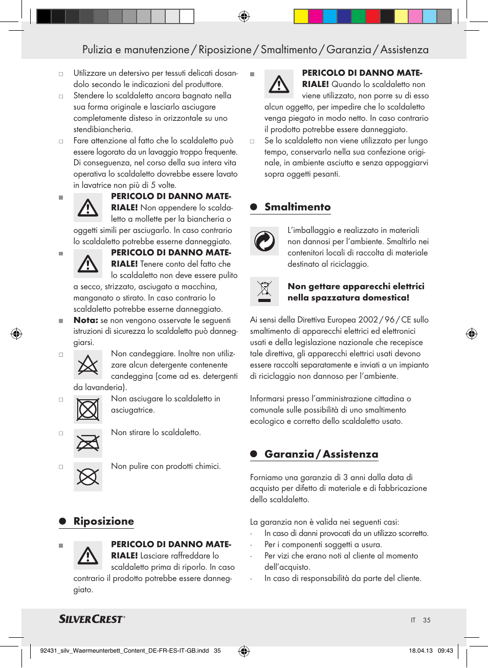 Riposizione, Smaltimento, Garanzia / assistenza | Silvercrest SWUB 85 B2 User Manual | Page 35 / 45