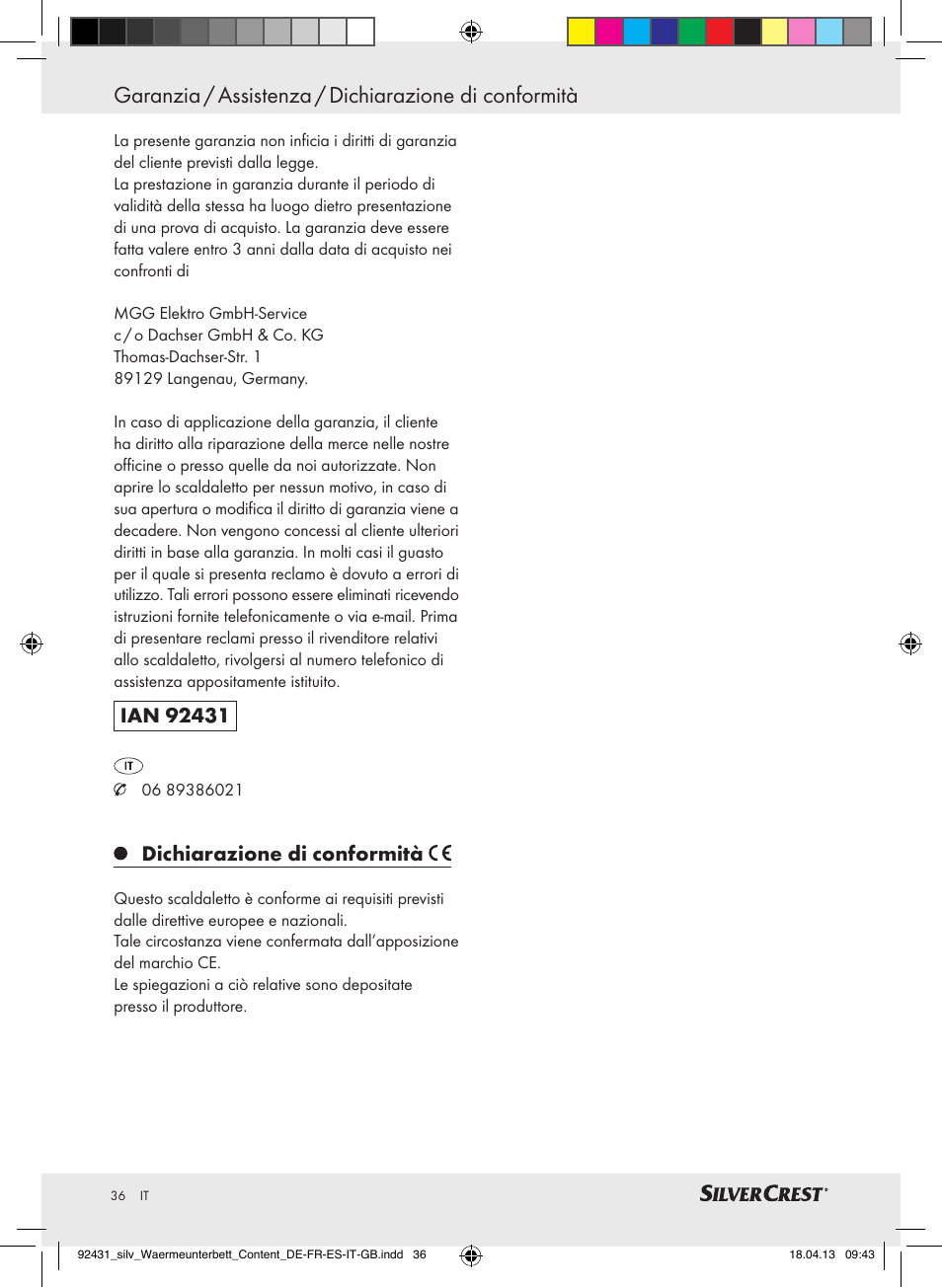 Dichiarazione di conformità | Silvercrest SWUB 85 B2 User Manual | Page 36 / 45