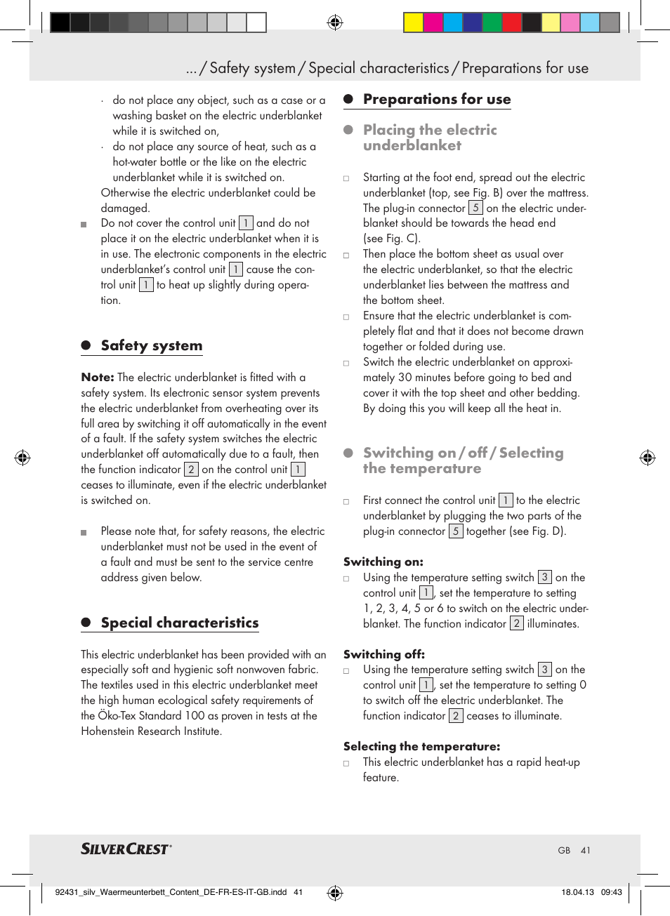 Safety system, Special characteristics, Switching on / off / selecting the temperature | Silvercrest SWUB 85 B2 User Manual | Page 41 / 45