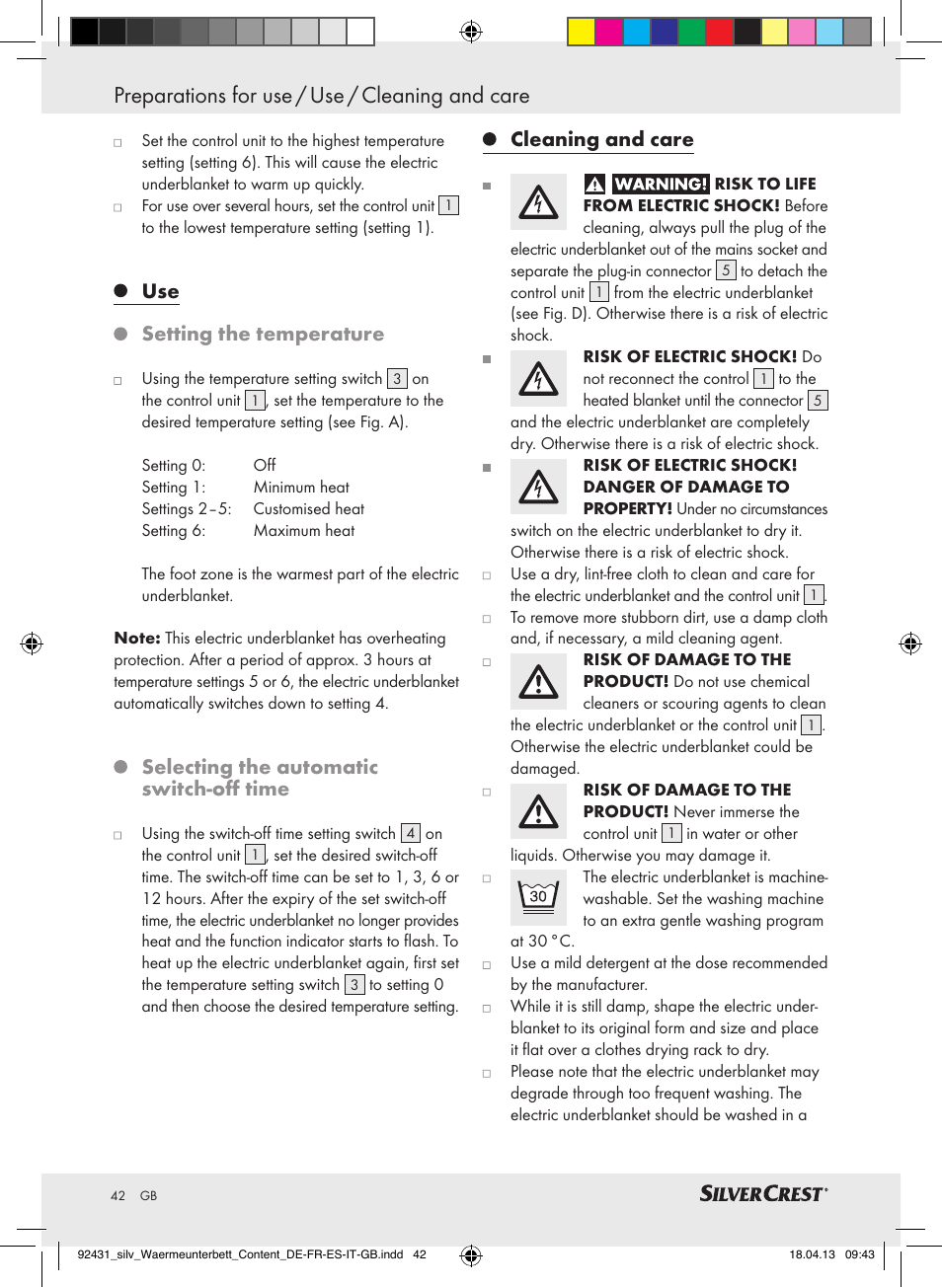 Preparations for use / use / cleaning and care, Use setting the temperature, Selecting the automatic switch-off time | Cleaning and care | Silvercrest SWUB 85 B2 User Manual | Page 42 / 45