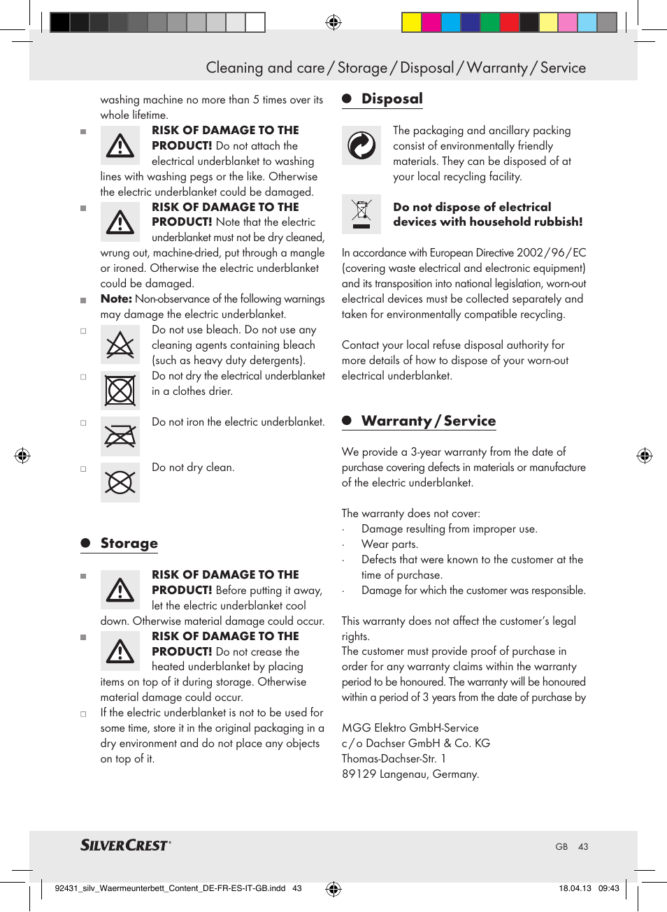 Storage, Disposal, Warranty / service | Silvercrest SWUB 85 B2 User Manual | Page 43 / 45