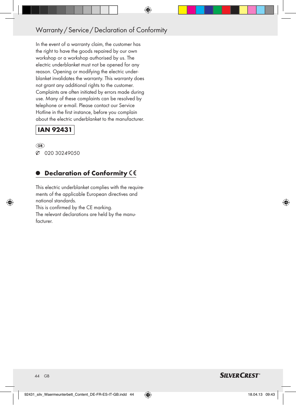 Warranty / service / declaration of conformity, Declaration of conformity | Silvercrest SWUB 85 B2 User Manual | Page 44 / 45