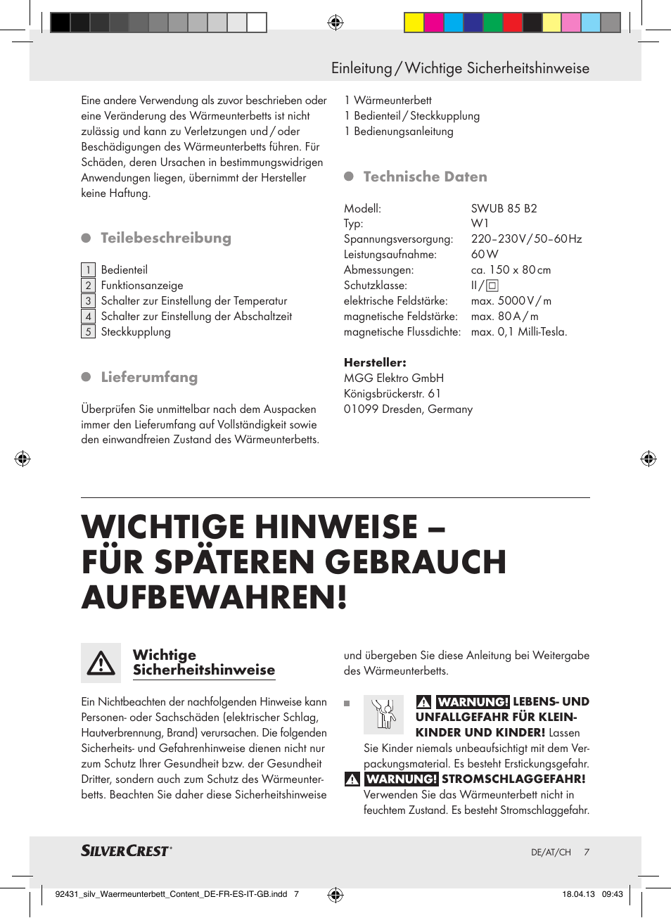 Einleitung / wichtige sicherheitshinweise | Silvercrest SWUB 85 B2 User Manual | Page 7 / 45