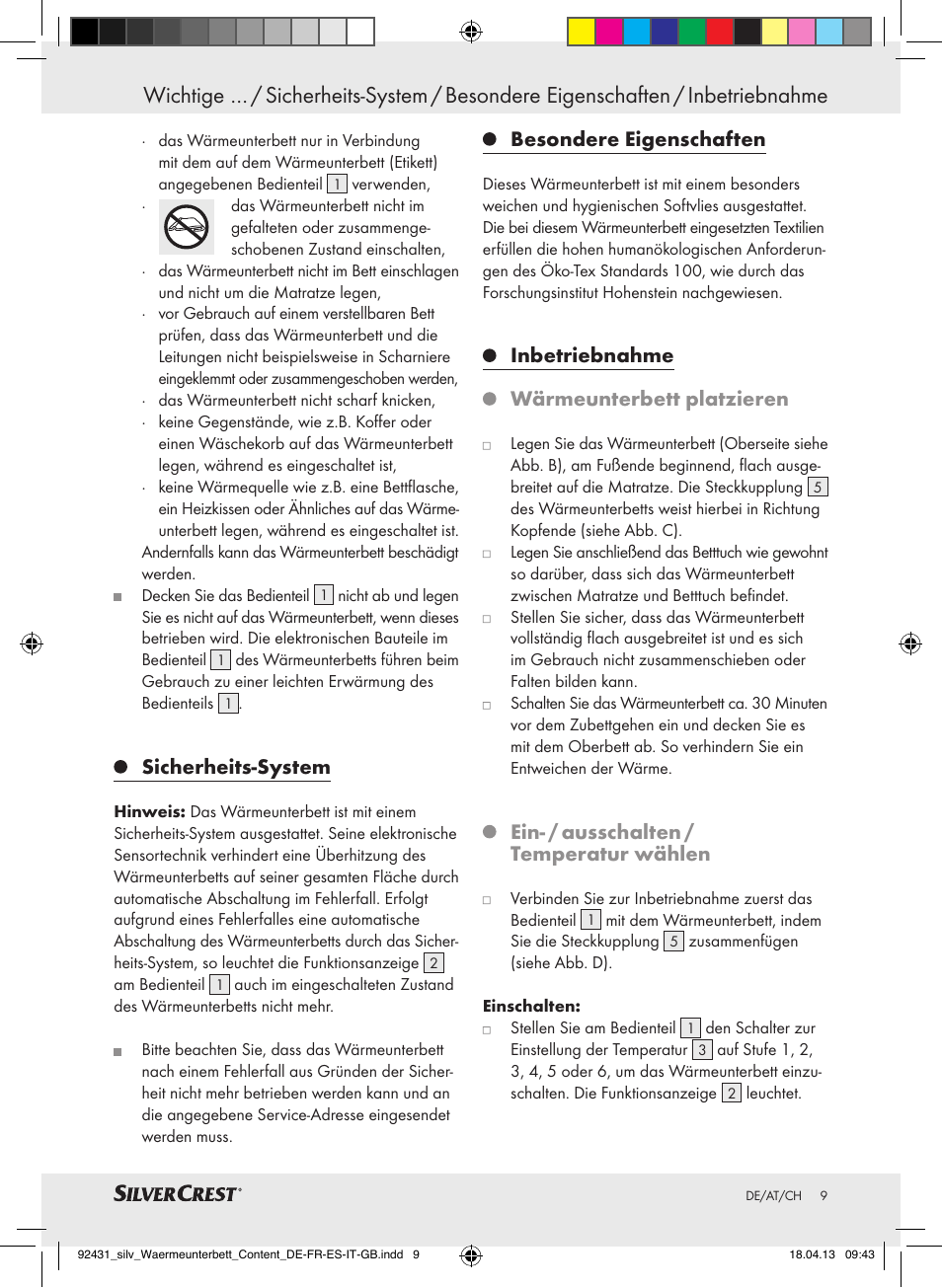 Sicherheits-system, Besondere eigenschaften, Inbetriebnahme wärmeunterbett platzieren | Ein- / ausschalten / temperatur wählen | Silvercrest SWUB 85 B2 User Manual | Page 9 / 45