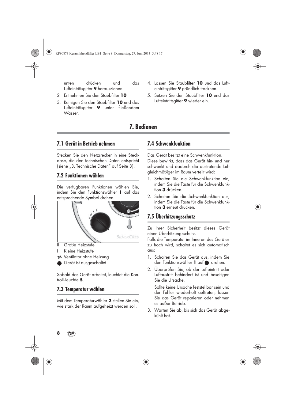 Bedienen, 1 gerät in betrieb nehmen, 2 funktionen wählen | 3 temperatur wählen, 4 schwenkfunktion, 5 überhitzungsschutz | Silvercrest SKHD 1800 A1 User Manual | Page 10 / 58