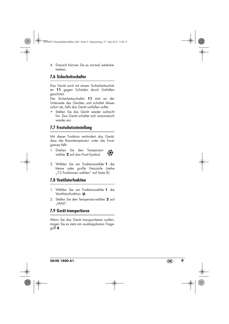 6 sicherheitsschalter, 7 frostschutzeinstellung, 8 ventilatorfunktion | 9 gerät transportieren | Silvercrest SKHD 1800 A1 User Manual | Page 11 / 58
