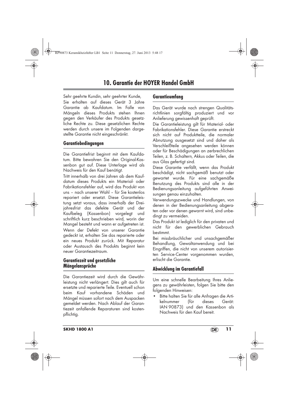 Garantie der hoyer handel gmbh | Silvercrest SKHD 1800 A1 User Manual | Page 13 / 58