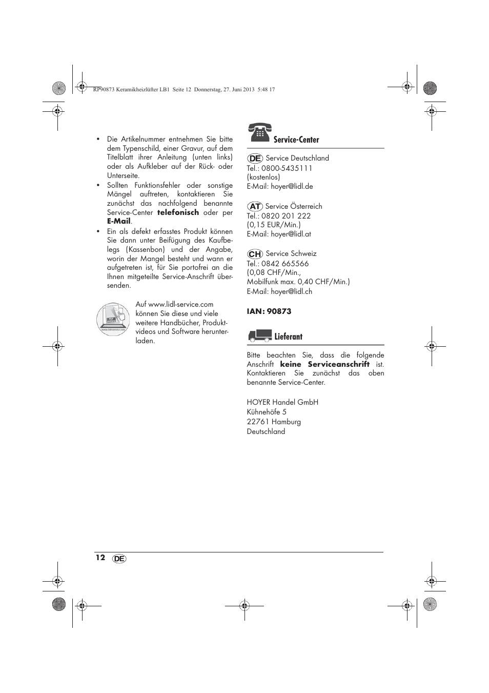 Service-center, Lieferant | Silvercrest SKHD 1800 A1 User Manual | Page 14 / 58