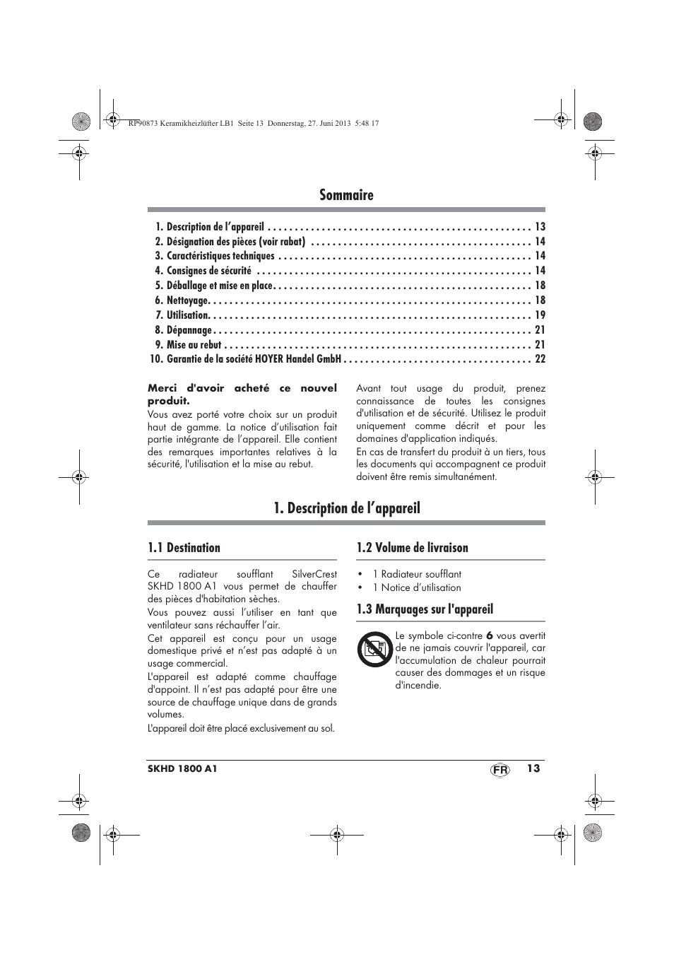 Sommaire, Description de l’appareil | Silvercrest SKHD 1800 A1 User Manual | Page 15 / 58