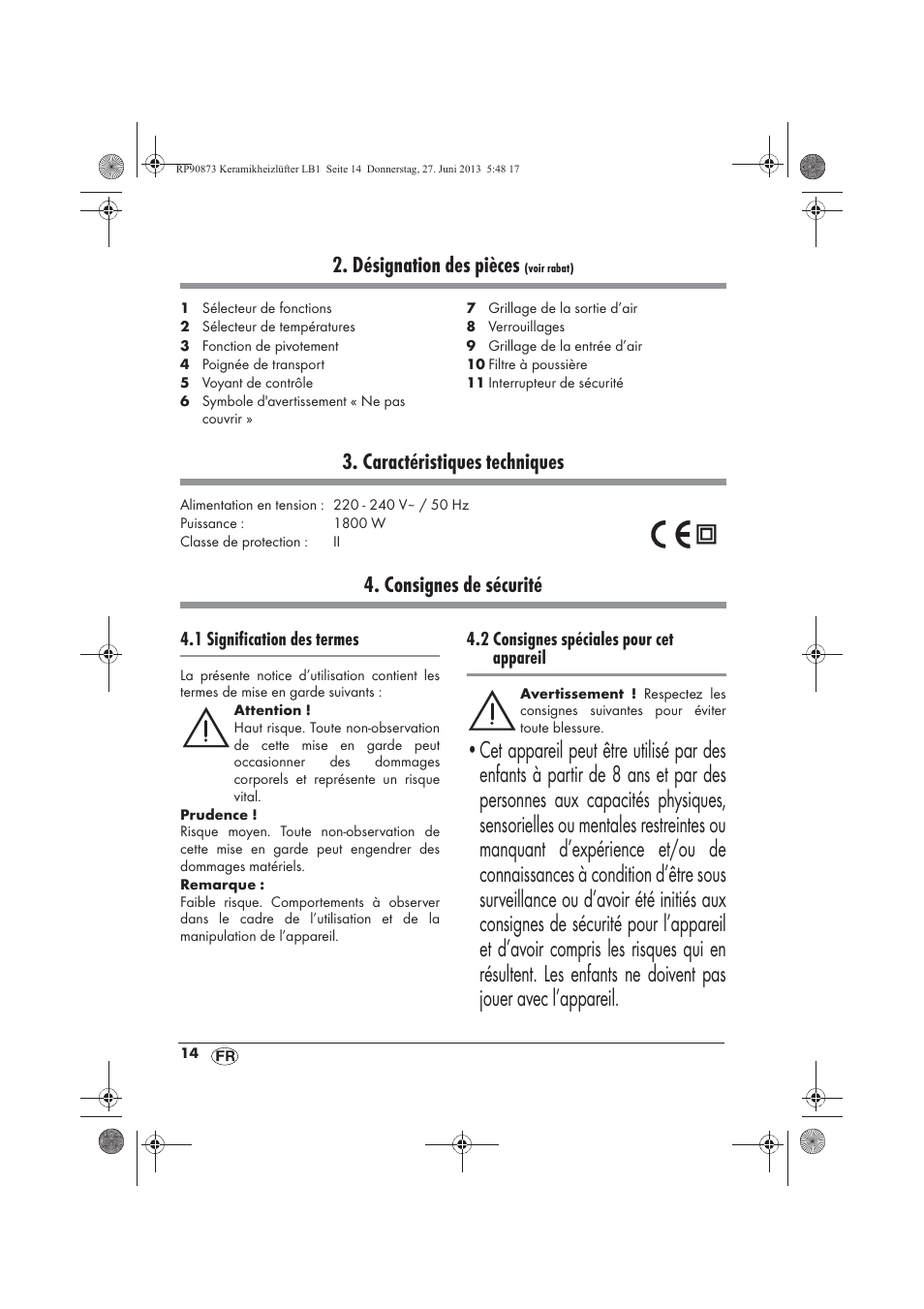 Désignation des pièces, Caractéristiques techniques, Consignes de sécurité | Silvercrest SKHD 1800 A1 User Manual | Page 16 / 58