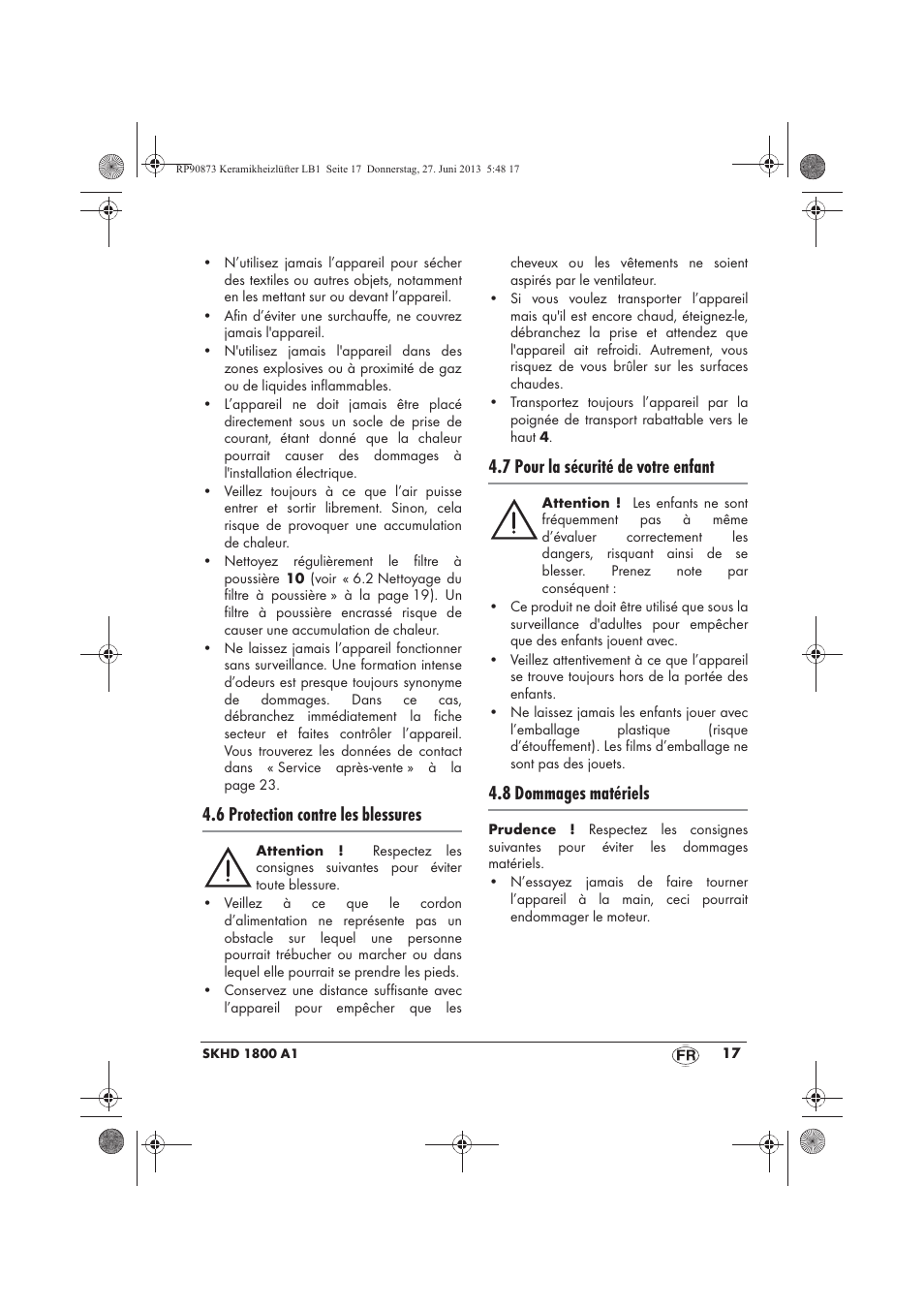 6 protection contre les blessures, 7 pour la sécurité de votre enfant, 8 dommages matériels | Silvercrest SKHD 1800 A1 User Manual | Page 19 / 58