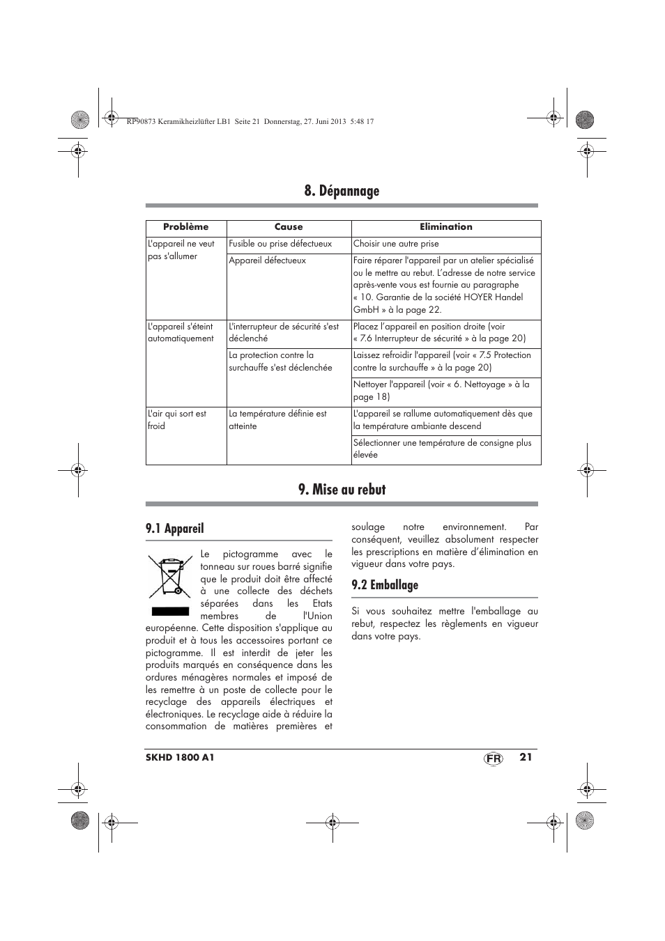 Dépannage 9. mise au rebut, 1 appareil, 2 emballage | Silvercrest SKHD 1800 A1 User Manual | Page 23 / 58