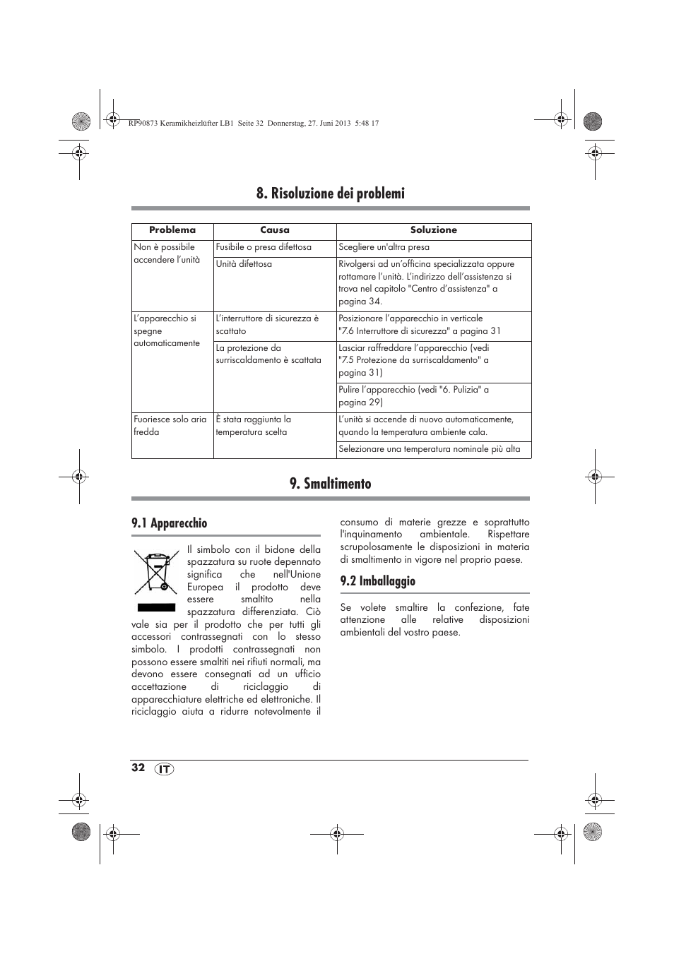 Risoluzione dei problemi 9. smaltimento, 1 apparecchio, 2 imballaggio | Silvercrest SKHD 1800 A1 User Manual | Page 34 / 58