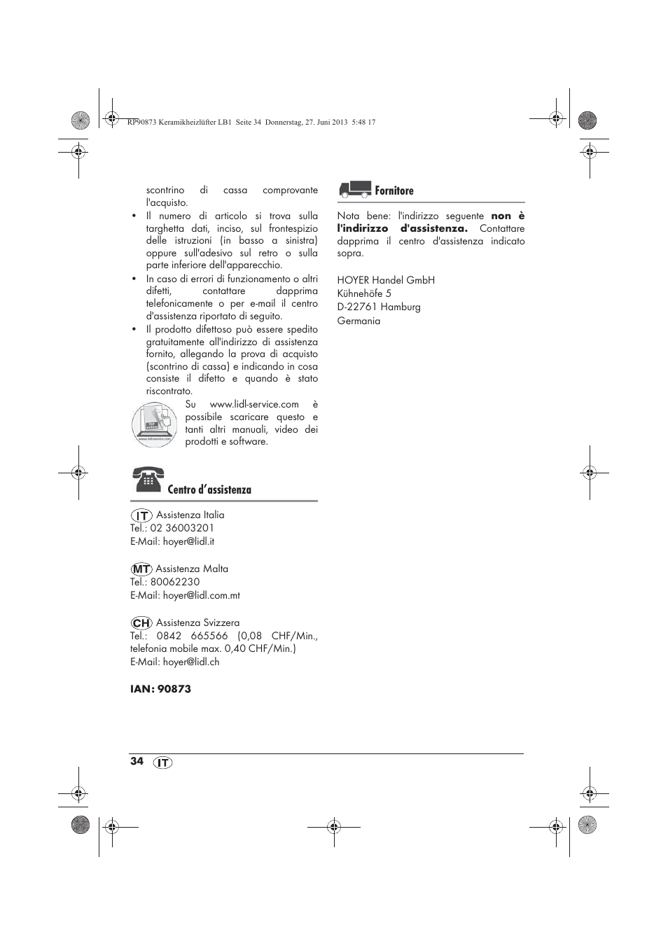 Centro d’assistenza, Fornitore | Silvercrest SKHD 1800 A1 User Manual | Page 36 / 58