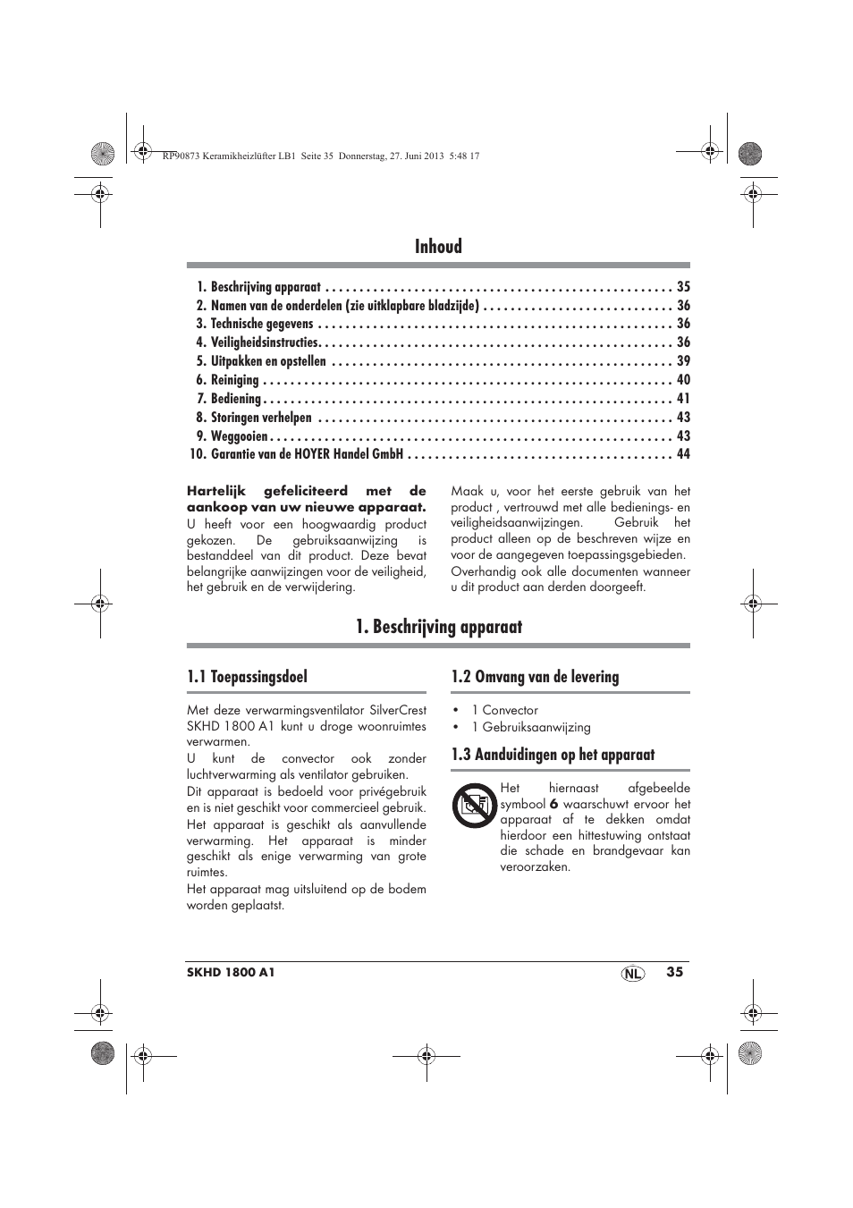 Inhoud, Beschrijving apparaat | Silvercrest SKHD 1800 A1 User Manual | Page 37 / 58