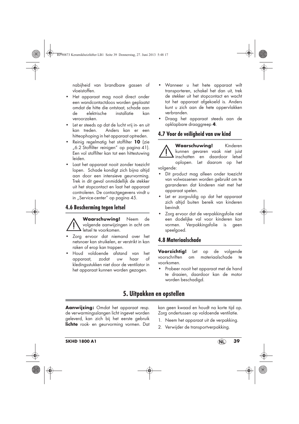 Uitpakken en opstellen, 6 bescherming tegen letsel, 7 voor de veiligheid van uw kind | 8 materiaalschade | Silvercrest SKHD 1800 A1 User Manual | Page 41 / 58