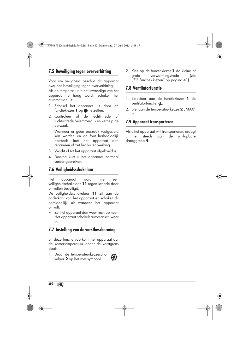 5 beveiliging tegen oververhitting, 6 veiligheidsschakelaar, 7 instelling van de vorstbescherming | 8 ventilatorfunctie, 9 apparaat transporteren | Silvercrest SKHD 1800 A1 User Manual | Page 44 / 58