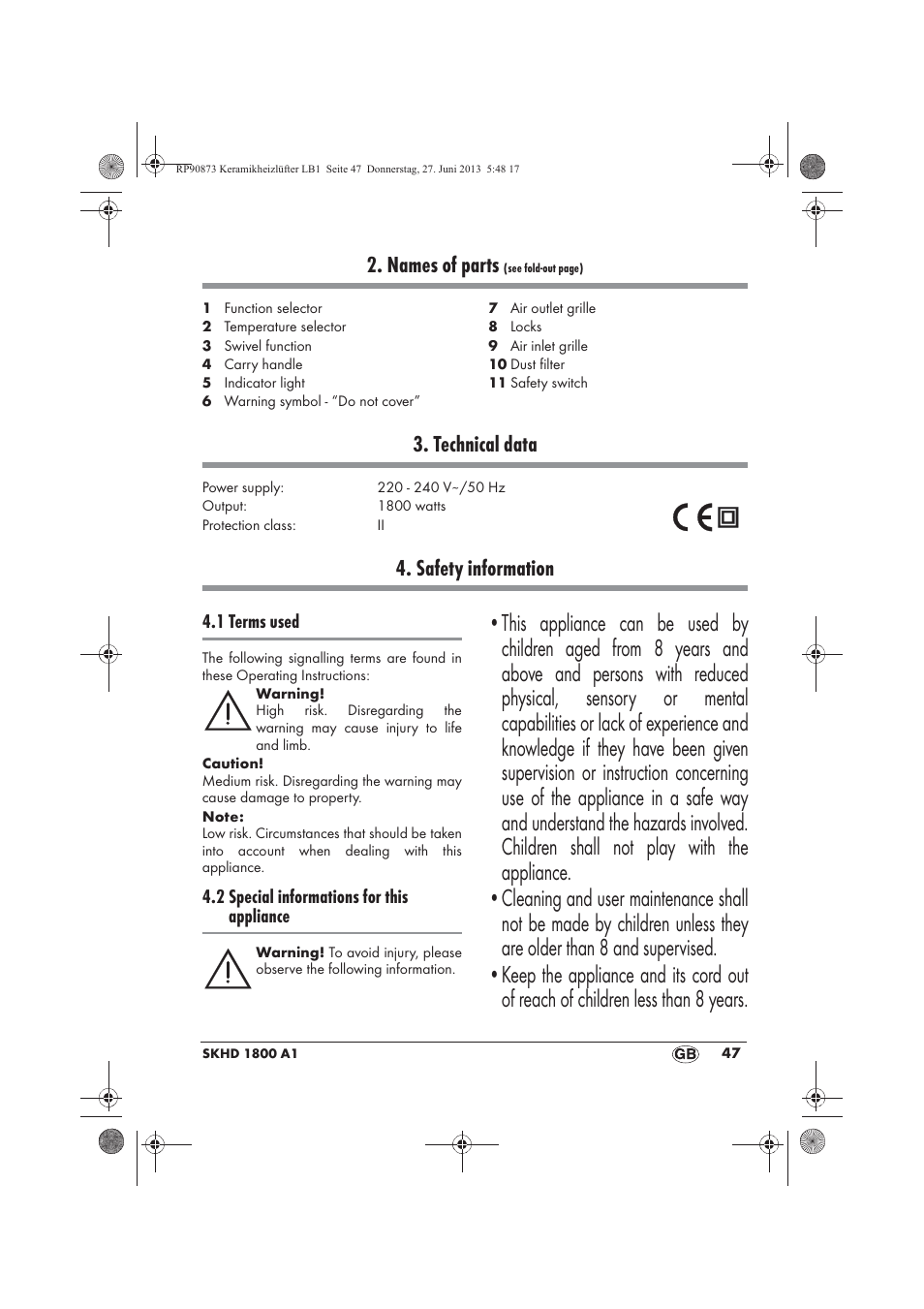 Names of parts, Technical data, Safety information | Silvercrest SKHD 1800 A1 User Manual | Page 49 / 58