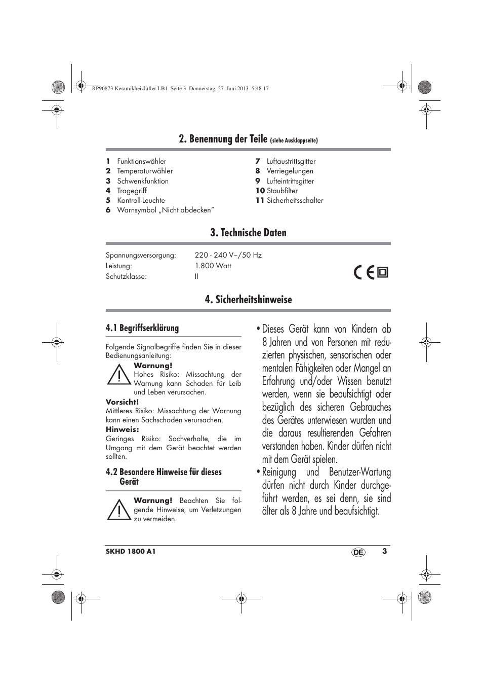 Benennung der teile, Technische daten, Sicherheitshinweise | Silvercrest SKHD 1800 A1 User Manual | Page 5 / 58