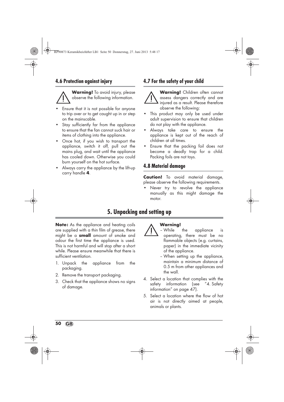 Unpacking and setting up, 6 protection against injury, 7 for the safety of your child | 8 material damage | Silvercrest SKHD 1800 A1 User Manual | Page 52 / 58