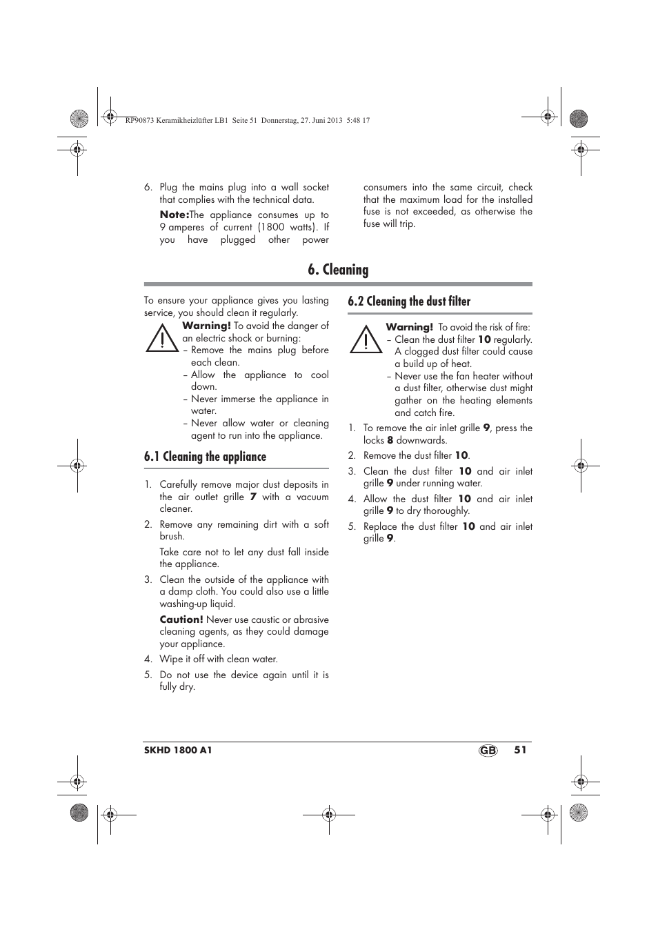 Cleaning, 1 cleaning the appliance, 2 cleaning the dust filter | Silvercrest SKHD 1800 A1 User Manual | Page 53 / 58