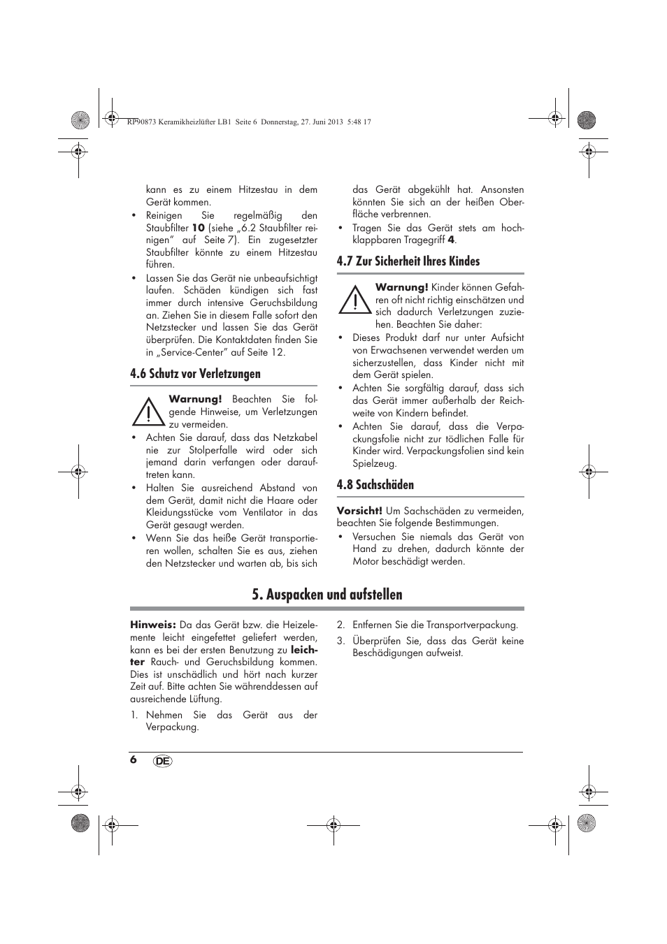 Auspacken und aufstellen, 6 schutz vor verletzungen, 7 zur sicherheit ihres kindes | 8 sachschäden | Silvercrest SKHD 1800 A1 User Manual | Page 8 / 58