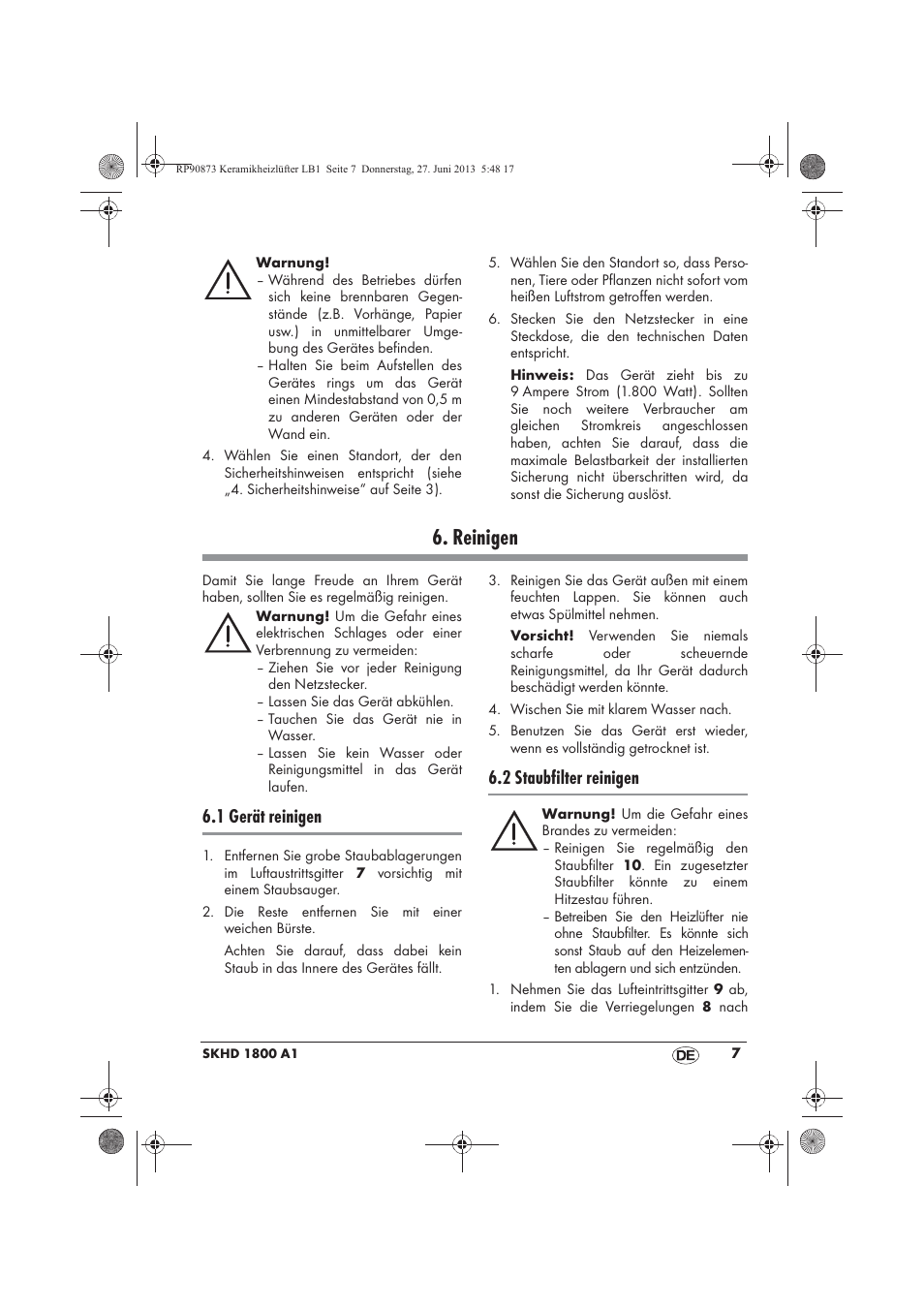 Reinigen, 1 gerät reinigen, 2 staubfilter reinigen | Silvercrest SKHD 1800 A1 User Manual | Page 9 / 58