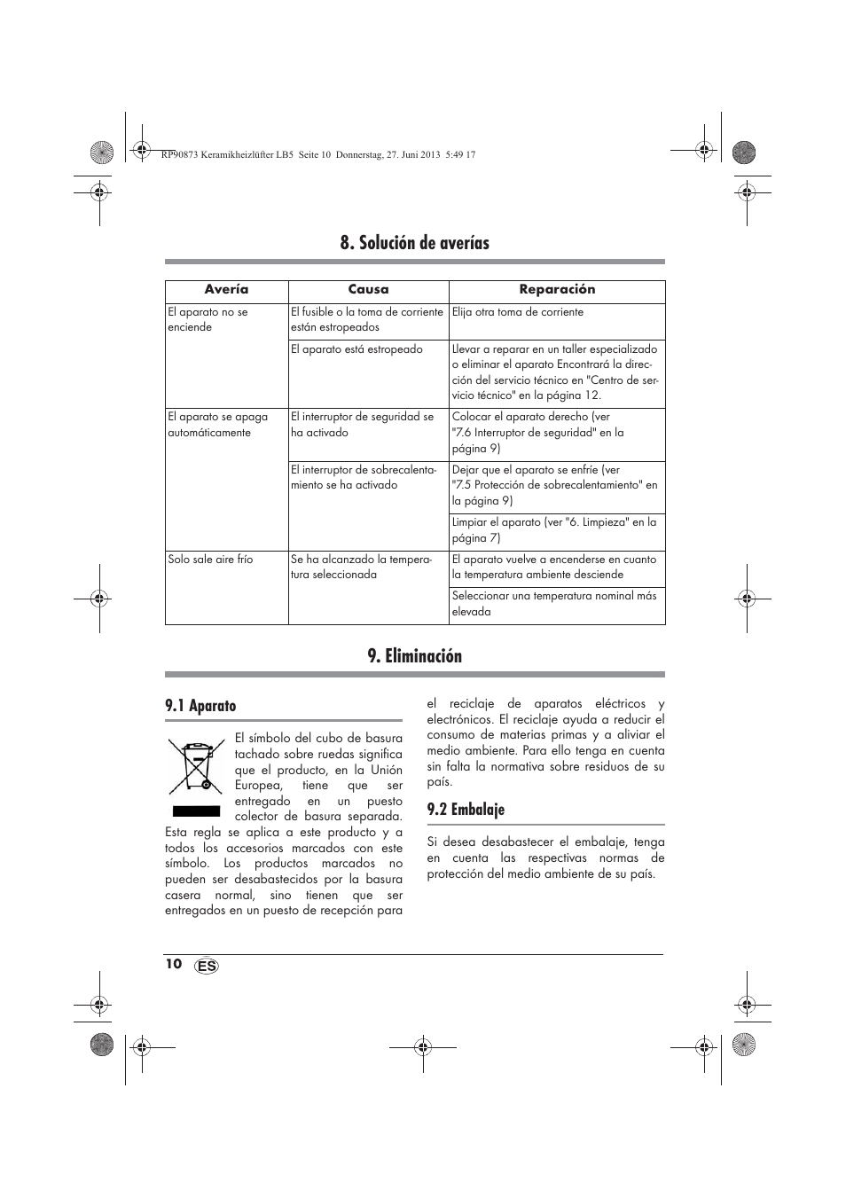 Solución de averías 9. eliminación, 1 aparato, 2 embalaje | Silvercrest SKHD 1800 A1 User Manual | Page 12 / 58
