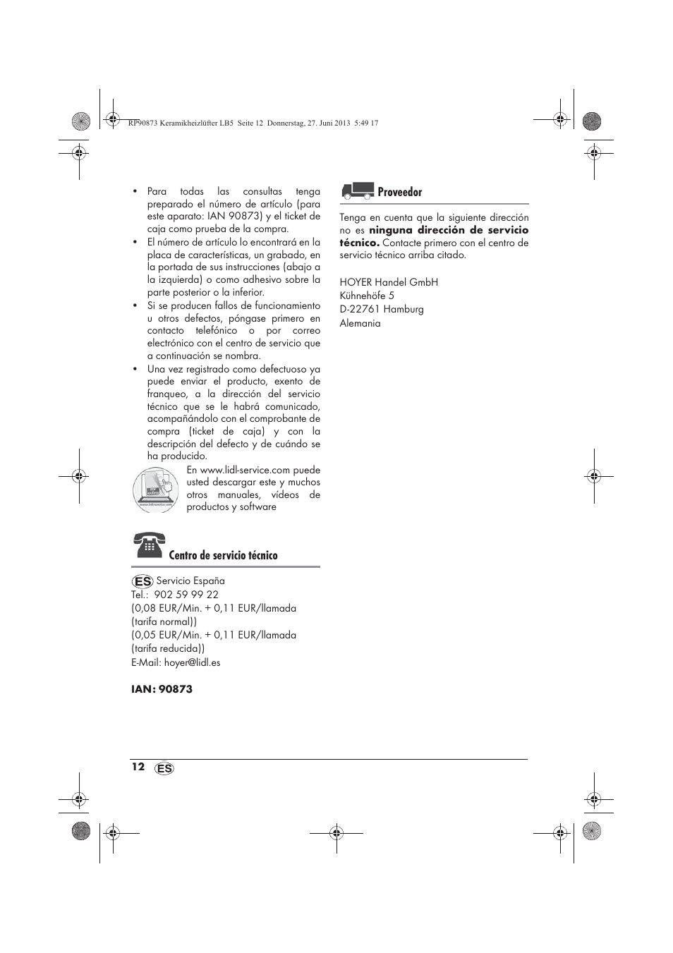 Centro de servicio técnico, Proveedor | Silvercrest SKHD 1800 A1 User Manual | Page 14 / 58
