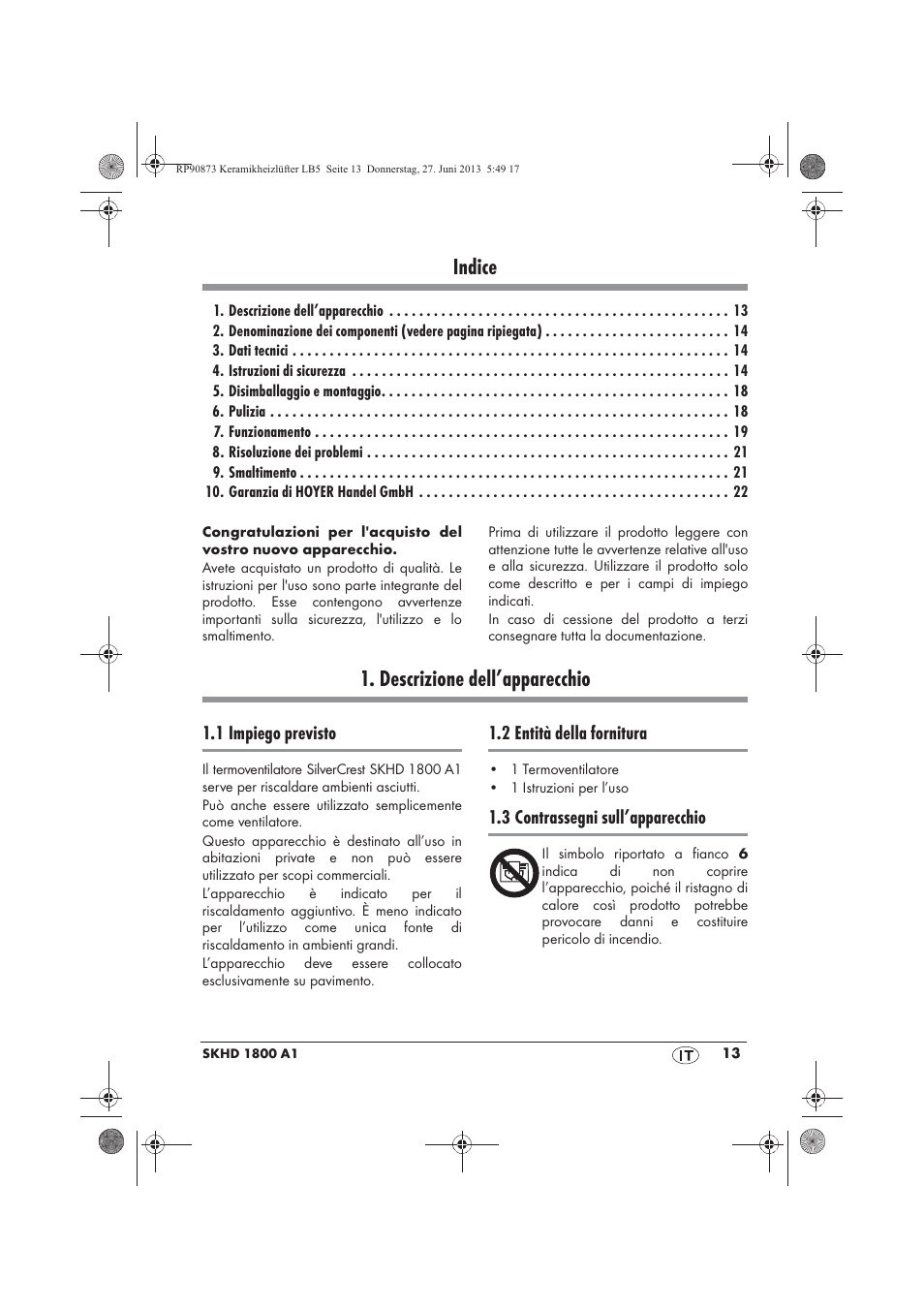 Indice, Descrizione dell’apparecchio | Silvercrest SKHD 1800 A1 User Manual | Page 15 / 58