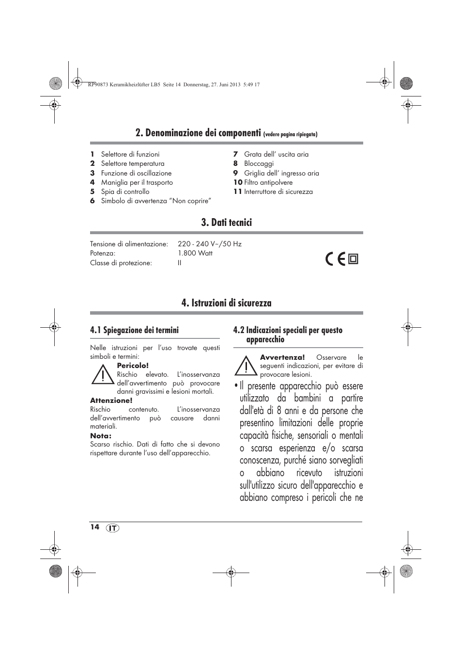 Denominazione dei componenti, Dati tecnici, Istruzioni di sicurezza | Silvercrest SKHD 1800 A1 User Manual | Page 16 / 58