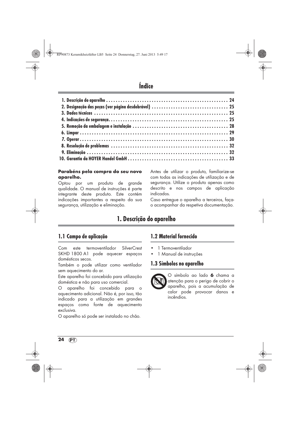 Índice, Descrição do aparelho | Silvercrest SKHD 1800 A1 User Manual | Page 26 / 58